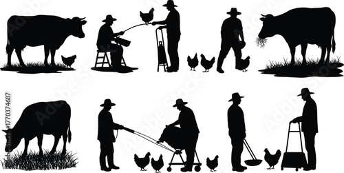 Farm life silhouettes, farmers with cows and chickens, traditional agriculture tasks, rural village work, countryside farming illustration, flat vector artwork