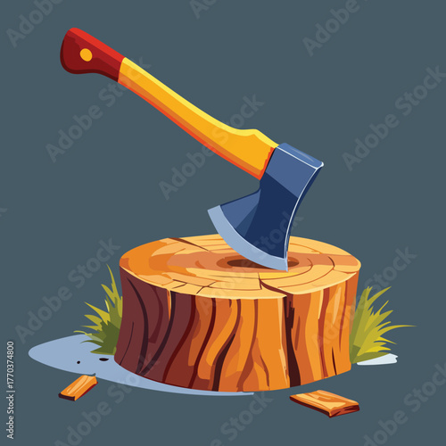 Classic Orange Axe Embedded in Angled Tree Stump Vector Cartoon Graphic for Forestry and Outdoor Work Symbol