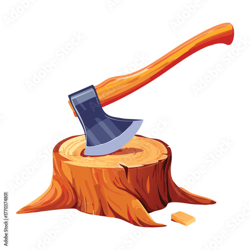 Basic Orange Axe Standing on a Sliced Tree Stump Vector Illustration for Farm Tool and Rustic Equipment