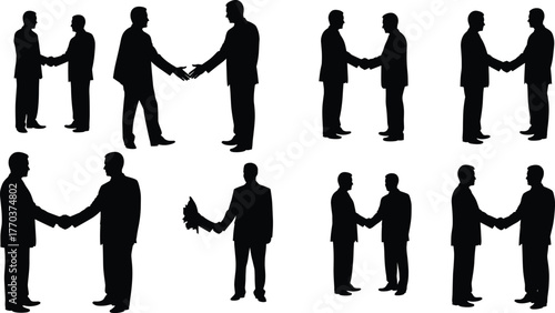 Flat vector handshake silhouettes, business agreement, partnership deal, greeting gesture, teamwork, cooperation, contract signing, negotiation, success, professional collaboration, trust