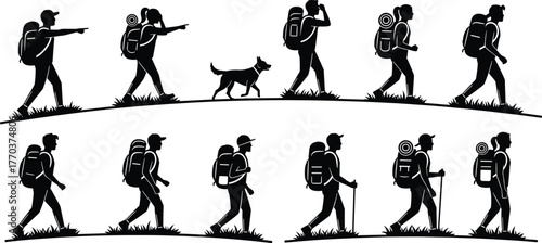 Flat vector hiking group silhouettes, backpack travelers, trekking with dog, outdoor adventure, mountain walking, camping, forest exploration, nature journey, wilderness trail, exploration