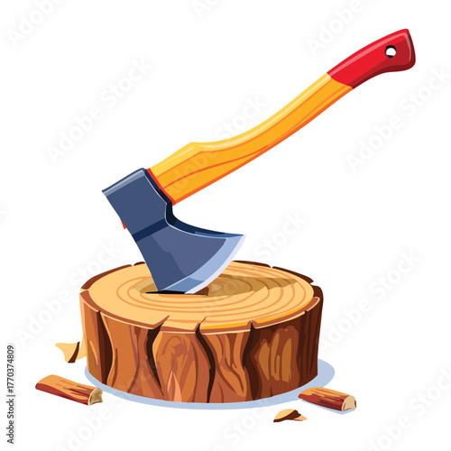 Classic Orange Axe Sticking in a Split Tree Stump Vector Cartoon Illustration for Logging and Forestry Work