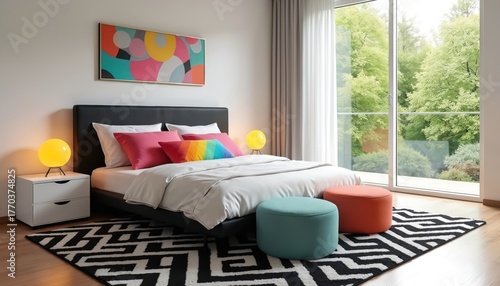 Modern bedroom interior with geometric carpet pattern. Bed colorful pillows, bedside table with lamp. Large window overlooks plants. Minimalist design offers light, serene ambience. Decorative