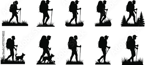 Flat vector hiking silhouettes, backpack travelers, trekking with dog, outdoor adventure, mountain climbing, camping, forest exploration, walking stick, nature journey, wilderness