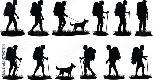 Flat vector hiking silhouettes, backpack travelers, trekking with dog, outdoor walking, mountain adventure, camping, forest exploration, wilderness journey, nature trail, exploration poses