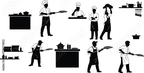 Flat vector illustration of chefs cooking, pizza preparation, kitchen teamwork, culinary art, restaurant service, professional cooking, food preparation, gastronomy