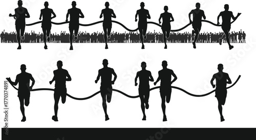 Flat vector running silhouettes, athletes crossing finish line, marathon race illustration, sports competition artwork, fitness concept design, teamwork victory moment