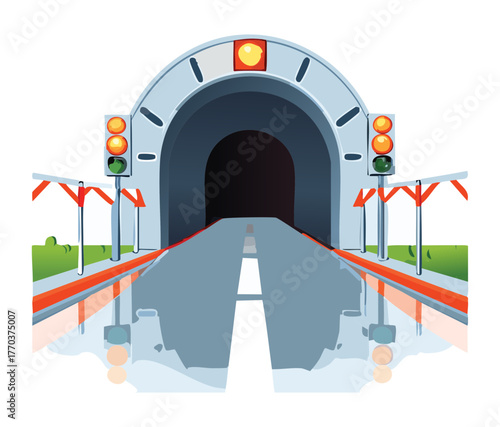 Dump Truck Hauling a Large Container Past Striped Safety Cones Road Construction and Logistics Vector