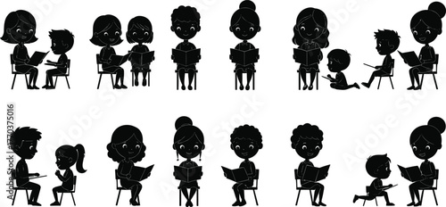 Flat vector silhouettes of adults reading with children, family learning, education, bonding, parenting, literacy, study time, teaching, knowledge, lifestyle illustration