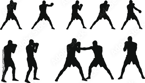 Flat vector silhouettes of boxers fighting, punching, sparring, training, martial arts, competition, sports action, fitness, strength, combat, athletic ition, 