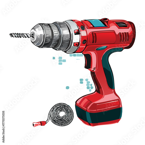 Powerful red and black cordless electric drill, a detailed illustration of a professional construction power tool