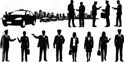 Flat vector silhouettes of business people, professionals, pilots, taxi, cars, cityscape, urban lifestyle, commuting, transportation, corporate scene, city illustration
