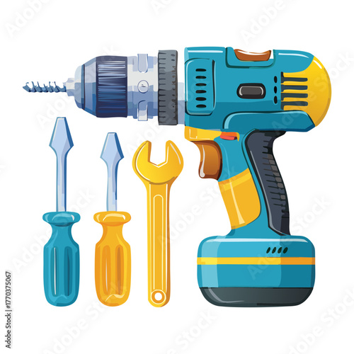 Complete Set of Power Tools Including an Electric Drill, Wrench, and Screwdriver Ready for Mechanical Assembly