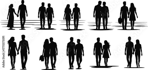 Flat vector silhouettes of couples walking together, holding hands, lifestyle, love, relationship, companionship, romance, travel, leisure, human connection, unity