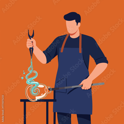 A glassblower, in an apron, shapes molten glass with tools on a table, creating a decorative piece