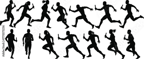 Flat vector silhouettes of relay race runners, baton handoff, sprinting athletes, track and field, teamwork, competition, sport, fitness, illustration