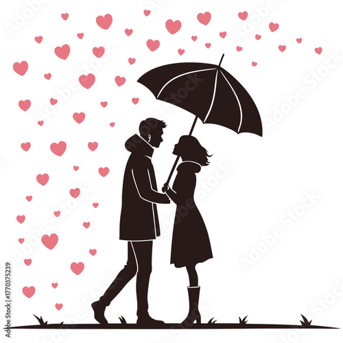 Romantic couple sharing an umbrella amidst falling hearts, a tender moment of love captured in silhouette.