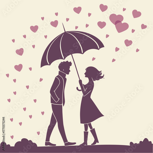 Romantic couple sharing an umbrella surrounded by falling hearts creates a charming scene for love and relationships