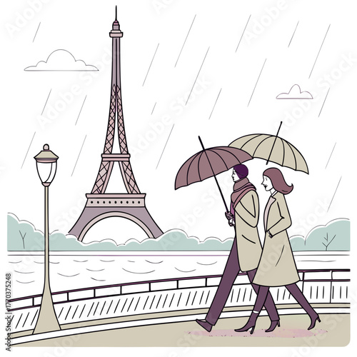 Romantic couple strolls under umbrellas near Eiffel Tower on a rainy Parisian day, capturing timeless elegance and urban charm.