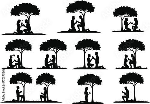 Flat vector silhouettes of romantic proposal sequence, man kneeling, woman accepting ring, couple embracing, love story, engagement, relationship, c