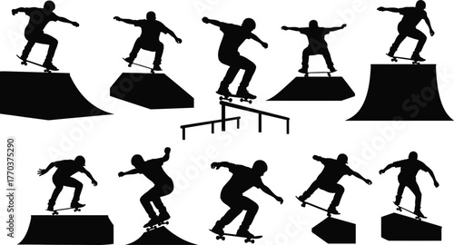 Flat vector silhouettes of skateboarders performing tricks, ramps, rails, extreme sports, urban lifestyle, youth culture, street style, action movement