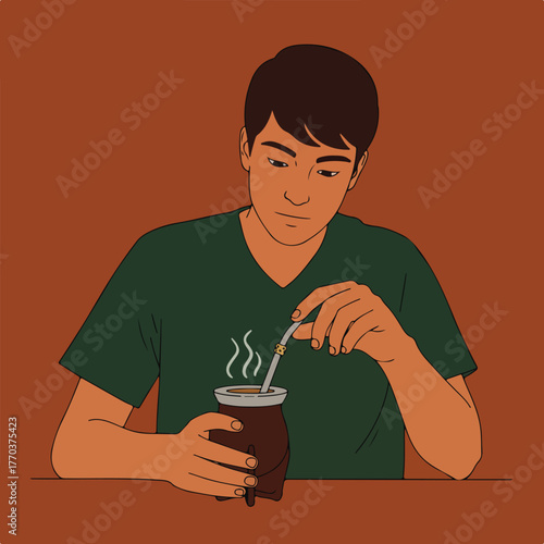 A person in a green shirt holds a mate gourd, with a straw, sipping the drink. Background is a warm color