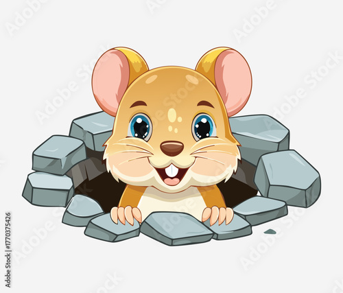 Adorable Baby Wild Animal Mouse or Hamster Peeking Out of a Rocky Den, Vector Graphic Art Illustration