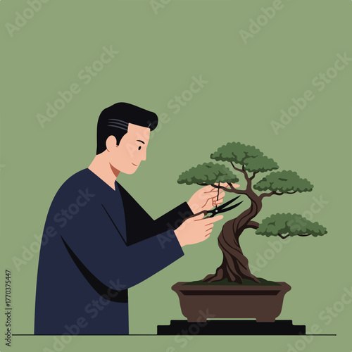 A person with dark hair and a navy blue shirt pruning a bonsai tree with small black scissors