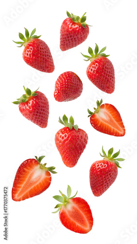 Fresh strawberries falling isolated on transparent background