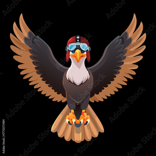 Cool Cartoon Animal Eagle or Vulture Bird Flying with Goggles and Red Scarf, Dynamic Vector Illustration