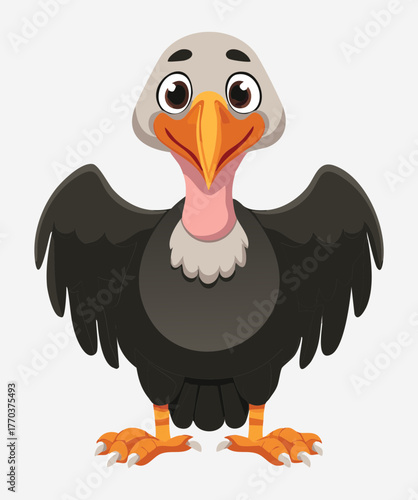 Funny Cartoon Animal Vulture or Condor Bird with a Cheerful Look and Open Wings, Simple Vector Graphic Art