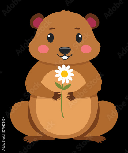 Sweet Cartoon Animal Groundhog or Beaver Portrait Holding a Small Flower with a Kind Facial Expression, Vector Graphic