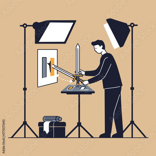 Illustration shows a person setting up a photoshoot of a sword and a target with lighting equipment