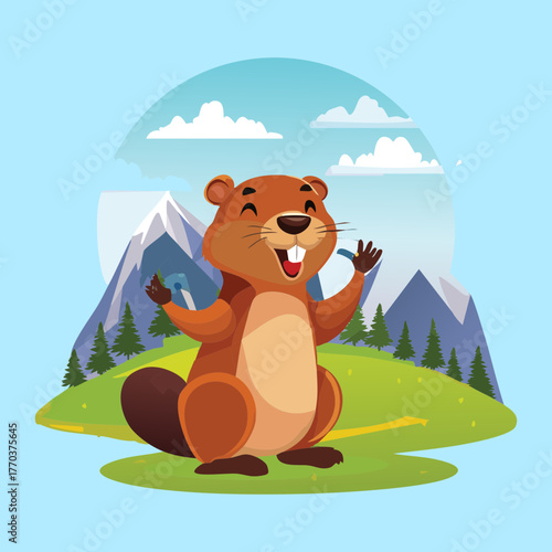 Friendly Cartoon Animal Beaver or Groundhog Character Waving Hello to the Viewer in a Bright Outdoor Mountain Landscape Scene