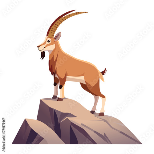 Great Wild Animal Mountain Ibex or Male Goat Standing Heroically on a Large Rock Formation Under the Open Sky Design