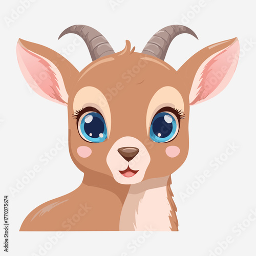 Small Horned Young Antelope or Gazelle Animal Portrait Looking Gently at the Viewer with a Kind Facial Expression Design