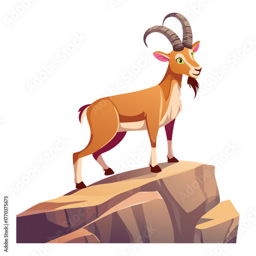 Rugged Wild Animal Mountain Ibex or Male Goat Standing Triumphant on a Rocky Hill or Peak, Vector Graphic Scene Drawing