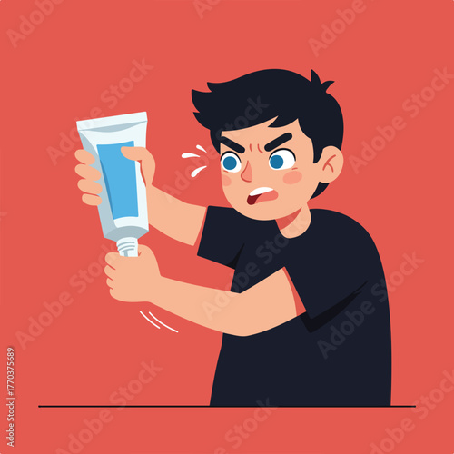 A frustrated cartoon person squeezing a tube, possibly toothpaste, with an angry expression