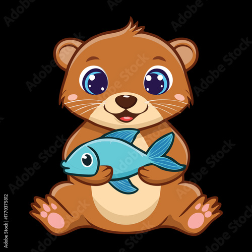 Cute Cartoon River Otter Animal Holding a Fresh Blue Fish Ready for a Delicious Meal and Aquatic Adventure