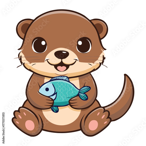 Adorable cartoon river otter holding freshly caught blue fish in its paws representing happy wildlife nature survival scene vector