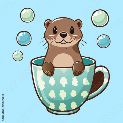 Adorable cartoon baby otter sitting in a teacup enjoying a bubble bath in the blue water illustration