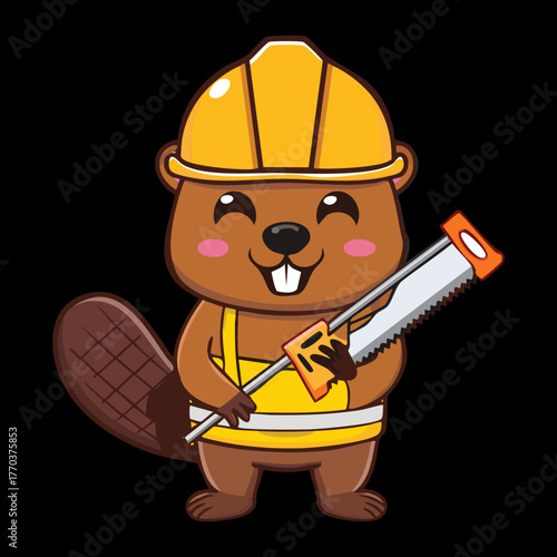Cartoon beaver construction surveyor wearing a helmet and holding a transit level or surveying instrument