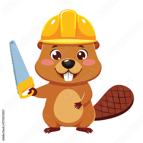 Funny cartoon beaver construction worker wearing a yellow helmet and holding a shiny handsaw tool