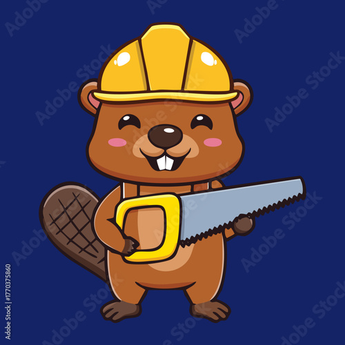 Cartoon beaver construction worker wearing a hard hat and holding a large handsaw ready to cut wood