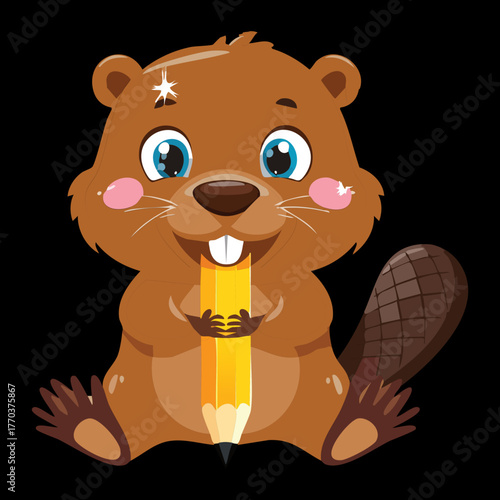 Friendly cartoon beaver character smiling while standing and holding a piece of fresh wood or log