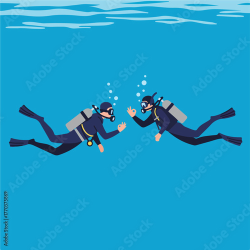Two scuba divers, in blue water, give each other the "OK" sign. Bubbles rise. Simple illustration
