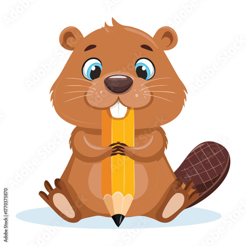 Cute cartoon beaver mascot holding a pencil or wooden stick while looking cheerfully at the viewer