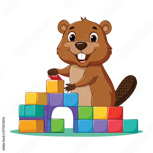 Happy cartoon beaver building a colorful tower structure using various small toy wooden blocks