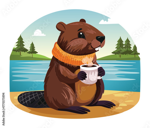 Friendly cartoon beaver character enjoying a hot drink outdoors with forest and river scenery