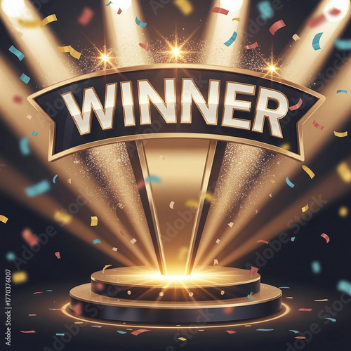 Winner background with confetti. Celebrating announcement award podium with sparkle effect vector poster. 